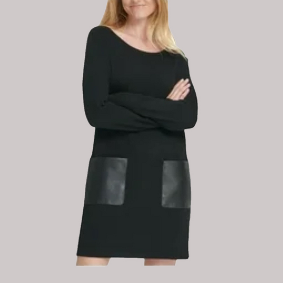 COS Angora Wool Blend Blue Knit Dress Size XS Black Leather Front Pockets EUC - Picture 1 of 11